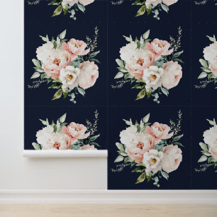 Blush Ivoor Witte Pioenen Rozen Bloemen Navy Behang