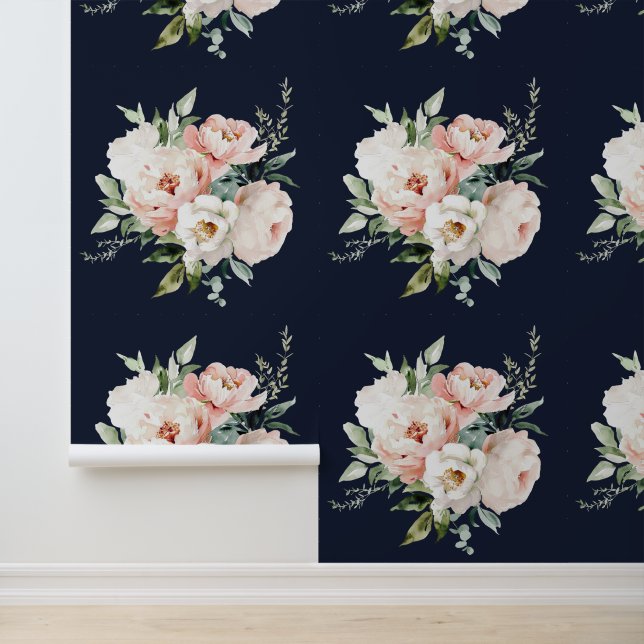 Blush Ivoor Witte Pioenen Rozen Bloemen Navy Behang (Applicatie)