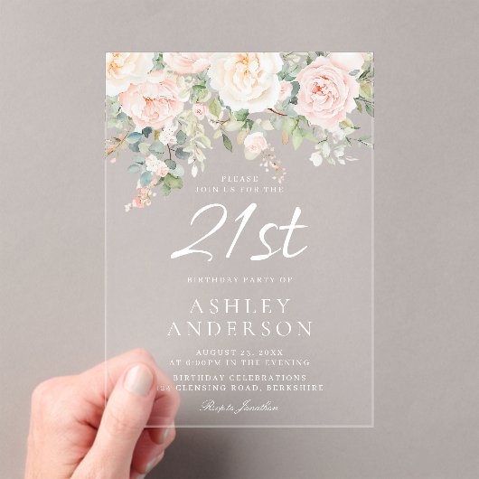 Blush & Ivoren Bloemen 21ste Verjaardagsfeest Acryl Uitnodigingen (Insitu (Draagbaar))