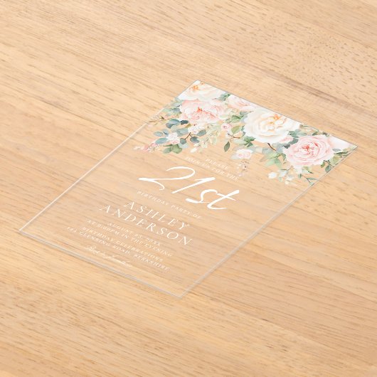 Blush & Ivoren Bloemen 21ste Verjaardagsfeest Acryl Uitnodigingen (Laagn)