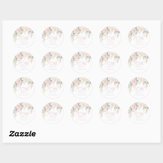 Blush & Ivoren Bloemen 70ste Verjaardagsfeest Ronde Sticker (Vel)