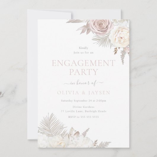 Blush & Ivory Bloemen Verlovingsfeest Kaart (Voorkant)