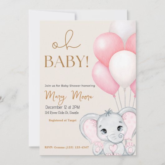 Blush Ivory Elephant Pink Balloons Baby shower Kaart (Voorkant)