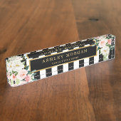 Blush Ivory Floral met Gold Black White Stripes Naambordje (Zijkant)