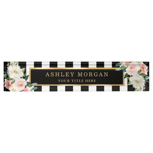 Blush Ivory Floral met Gold Black White Stripes Naambordje (Voorkant)