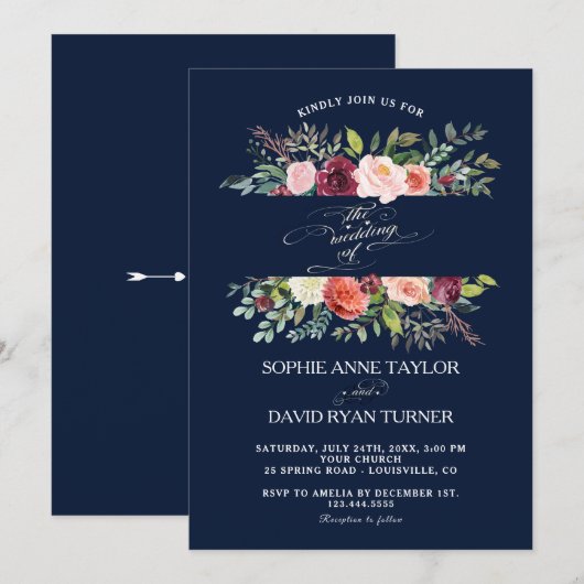 Blush Ivory Flowers Lijst Burgundy Weddenschap Kaart (Voorkant / Achterkant)