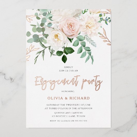 Blush & Ivory Flowers Roos Gold Engagement Party Folie Uitnodiging (Voorkant)