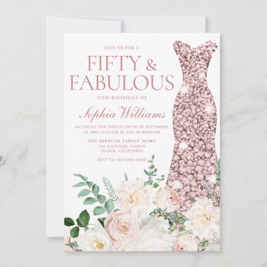 Blush & Ivory Flowers Roos Gold Gown 50th Birthday Kaart (Voorkant)