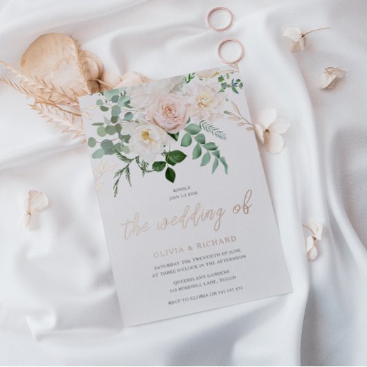 Blush & Ivory Flowers Roos Gold Wedding Folie Uitnodiging