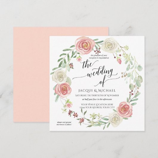 Blush Ivory Roos Wreated Foliage Wedding Waterverf Kaart (Voorkant / Achterkant)