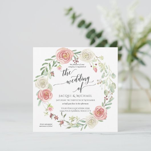 Blush Ivory Roos Wreated Foliage Wedding Waterverf Kaart (Staand voorkant)