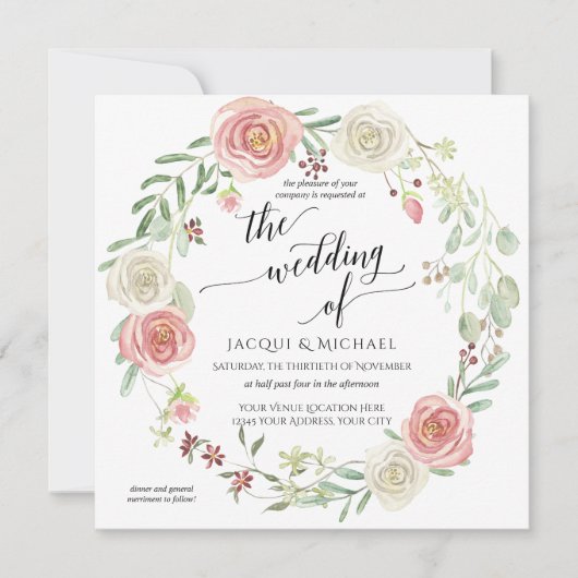 Blush Ivory Roos Wreated Foliage Wedding Waterverf Kaart (Voorkant)