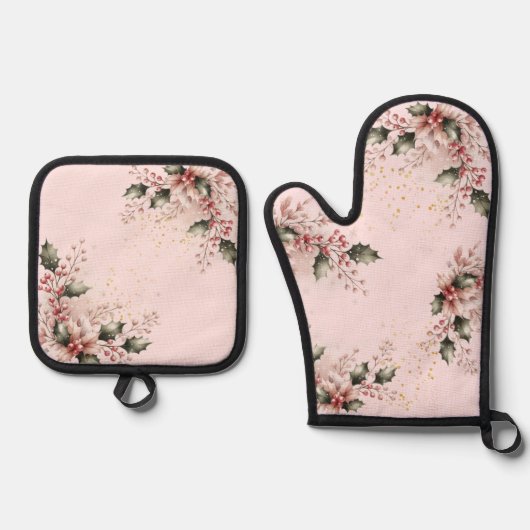 Blush Kerst Holly Blad Design Ovenwant & Pannenlap Set (Voorkant)