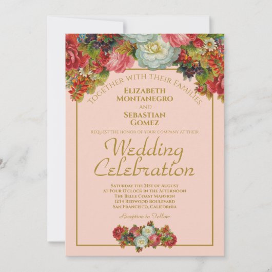 Blush koraal roze bloemig chique bruiloft kaart (Voorkant)