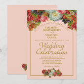 Blush koraal roze  bloemig chique bruiloft kaart (Voorkant / Achterkant)
