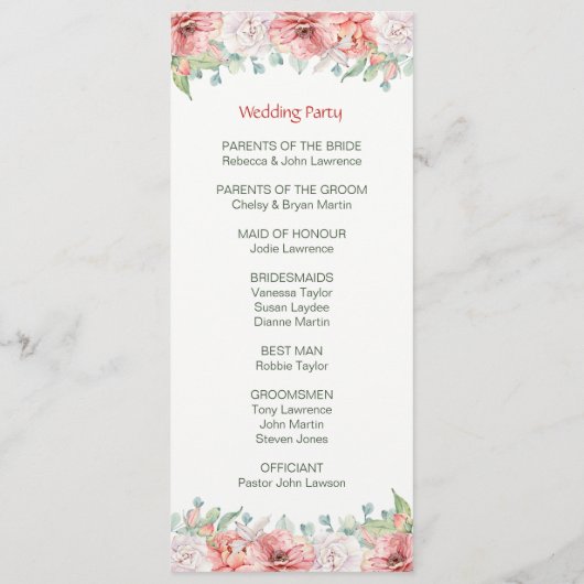 Blush Koraal Waterverf Bloemen Trouwprogramma's Programmakaart (Achterkant)