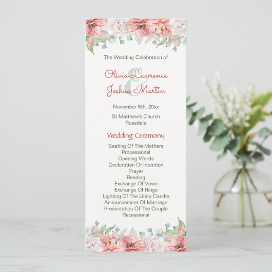 Blush Koraal Waterverf Bloemen Trouwprogramma's Programmakaart (Staand voorkant)