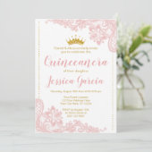 Blush Lace en Glitter Gold Princess Quinceañera Kaart (Staand voorkant)