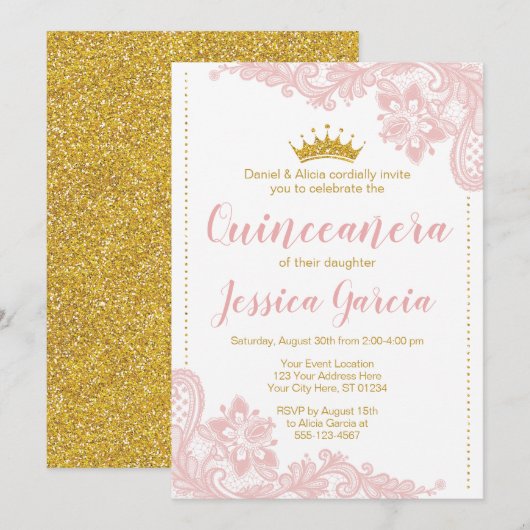 Blush Lace en Glitter Gold Princess Quinceañera Kaart (Voorkant / Achterkant)