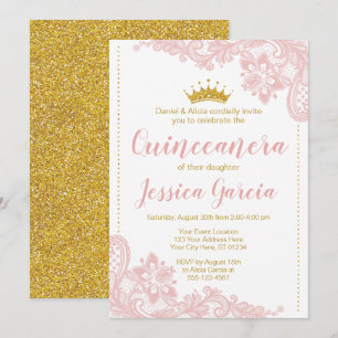 Blush Lace en Glitter Gold Princess Quinceañera Kaart