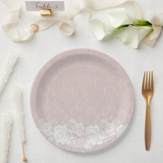 Blush Lace Floral Papieren Bordje (Huwelijk)