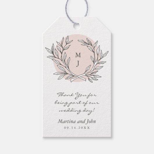 Blush Landelijke Initialen Krans Bruiloft Favor Ta Cadeaulabel (Voorkant)