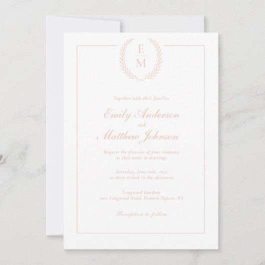 Blush Laurel Monogram Wedding Invitation QR Code Kaart (Voorkant)