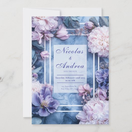 Blush & Lavendel Marmeren Bloemen Huwelijksuitnodi Kaart (Voorkant)