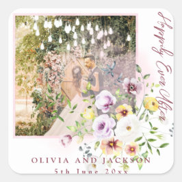 Blush Lavendel Paarse bloemen gelukkig ooit daarna Vierkante Sticker