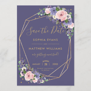 Blush Lavender Floral Gold Geometric Save the Date Kaart