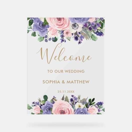 Blush Lavender Purple Floral Wedding Welcome Acryl Bord (Voorkant)