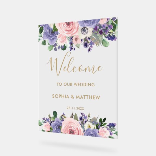 Blush Lavender Purple Floral Wedding Welcome Acryl Bord (Hoek)