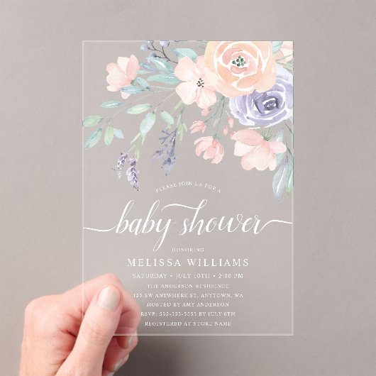 Blush Lavender Waterverf Floral Girl Baby shower Acryl Uitnodigingen (Insitu (Draagbaar))