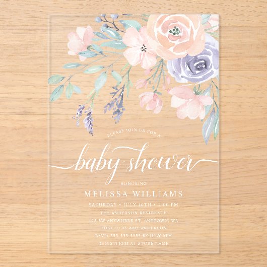 Blush Lavender Waterverf Floral Girl Baby shower Acryl Uitnodigingen (Voorkant)