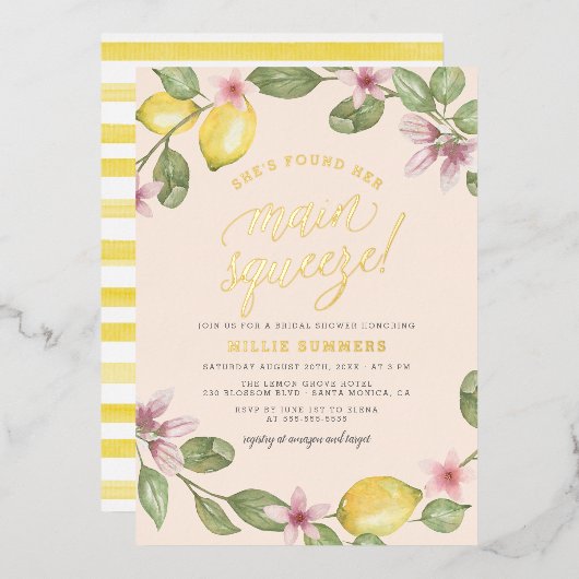 Blush | Lemon Wreath Main Squeeze Vrijgezellenfees Folie Uitnodiging (Voorkant / Achterkant)