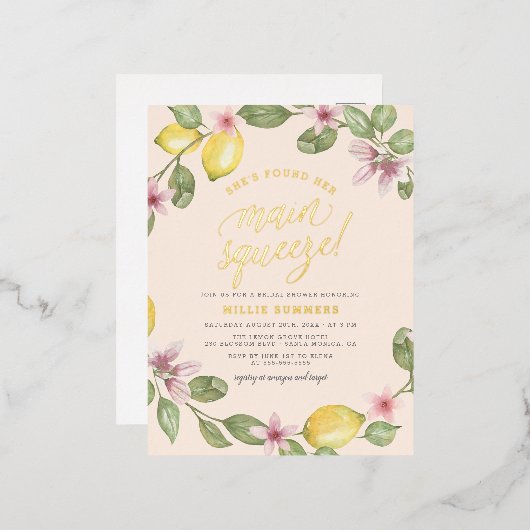 Blush | Lemon Wreath Main Squeeze Vrijgezellenfees Folie Uitnodiging Briefkaart (Voorkant / Achterkant)
