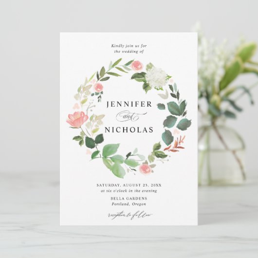 Blush lente bloemenkrans bruiloft kaart (Staand voorkant)