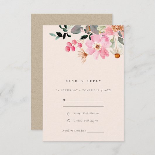 Blush Liefroze Waterverf Floral Weddenschap RSVP Informatiekaartje (Voorkant / Achterkant)