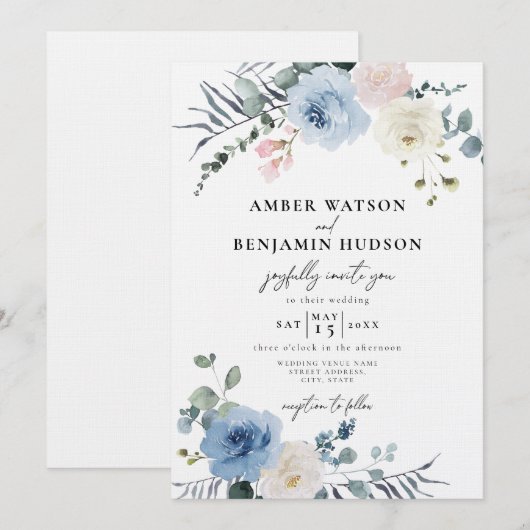 Blush Light Blue Beach Tropical Floral Wedding Kaart (Voorkant / Achterkant)