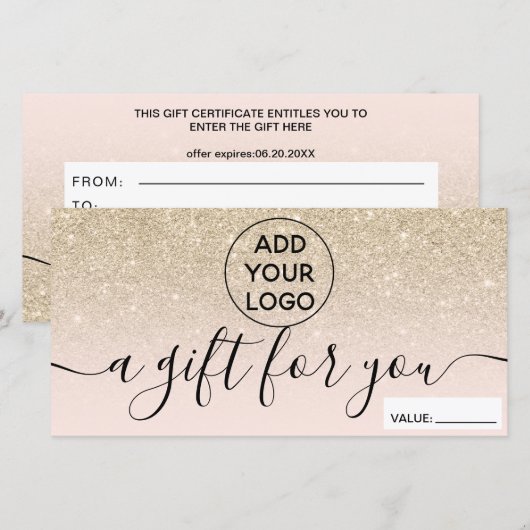 Blush light glitter logo gift certificate (Voorkant / Achterkant)