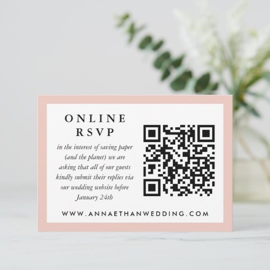 Blush Lijst Bruiloft QR-code Online RSVP-kaart RSVP Kaartje (Staand voorkant)