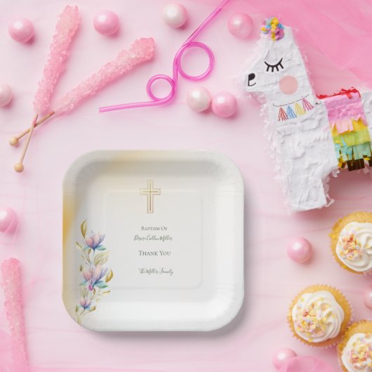 Blush & Lila Bloemen ,Goud Kruis Doop borden Papieren Bordje (Feest)
