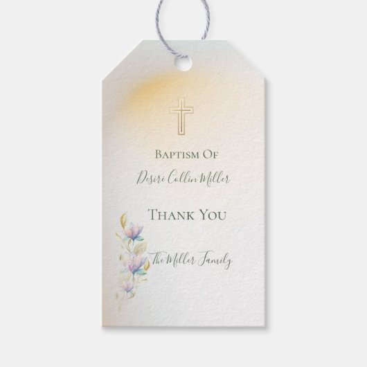 Blush & Lila Bloemen ,Goud Kruis Doop cadeau label Cadeaulabel (Voorkant)