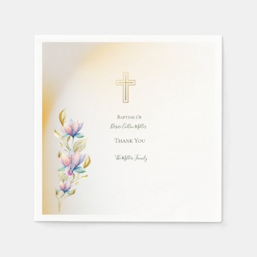 Blush & Lila Bloemen ,Goud Kruis Doop servetten (Voorkant)