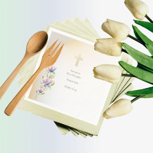 Blush & Lila Bloemen ,Goud Kruis Doop servetten