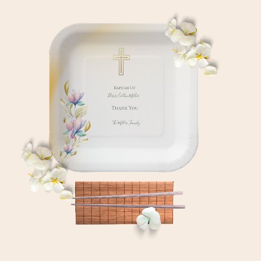 Blush & Lila Bloemen ,Goud Kruis Doop servetten