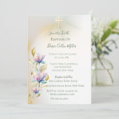 Blush & Lila Bloemen ,Gouden Kruisdoop Uitnodiging (Staand voorkant)