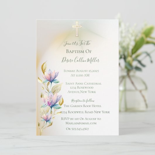 Blush & Lila Bloemen ,Gouden Kruisdoop Uitnodiging (Staand voorkant)