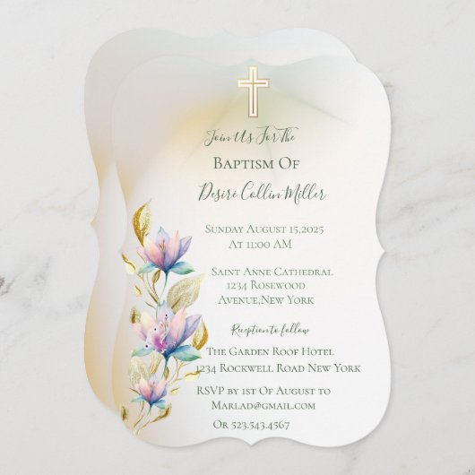 Blush & Lila Bloemen ,Gouden Kruisdoop Uitnodiging (Voorkant / Achterkant)