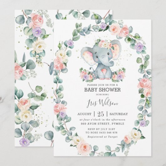 Blush Lila Bloemengroen Olifant Baby shower Kaart (Voorkant / Achterkant)